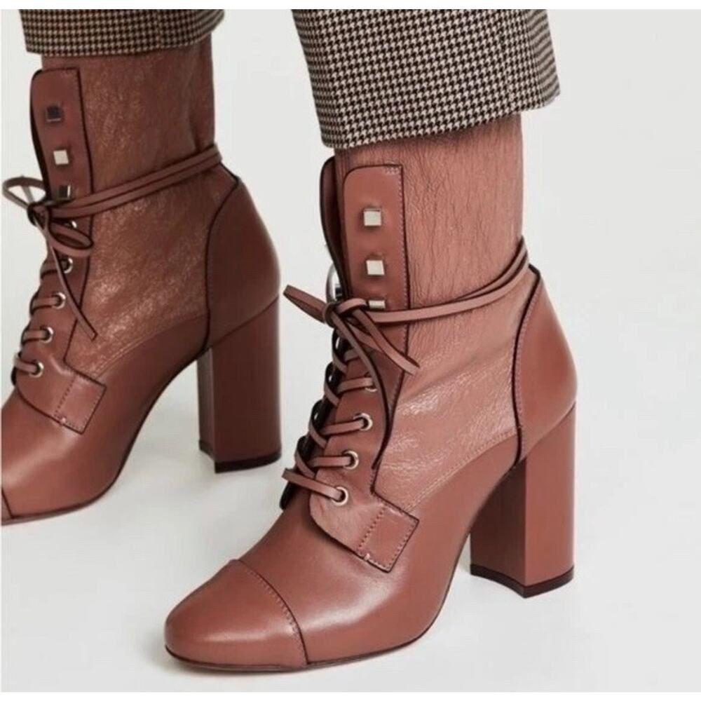 Stuart Weitzman Veruka Leather Combat Booties Mauve Pink Block Heel 8